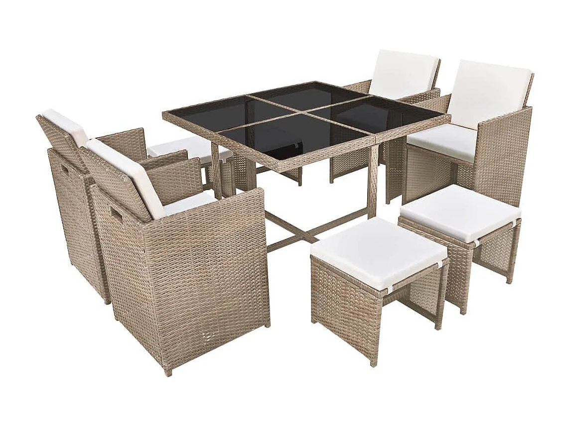 Ensemble à manger d'extérieur et coussins 9 pcs résine tressée