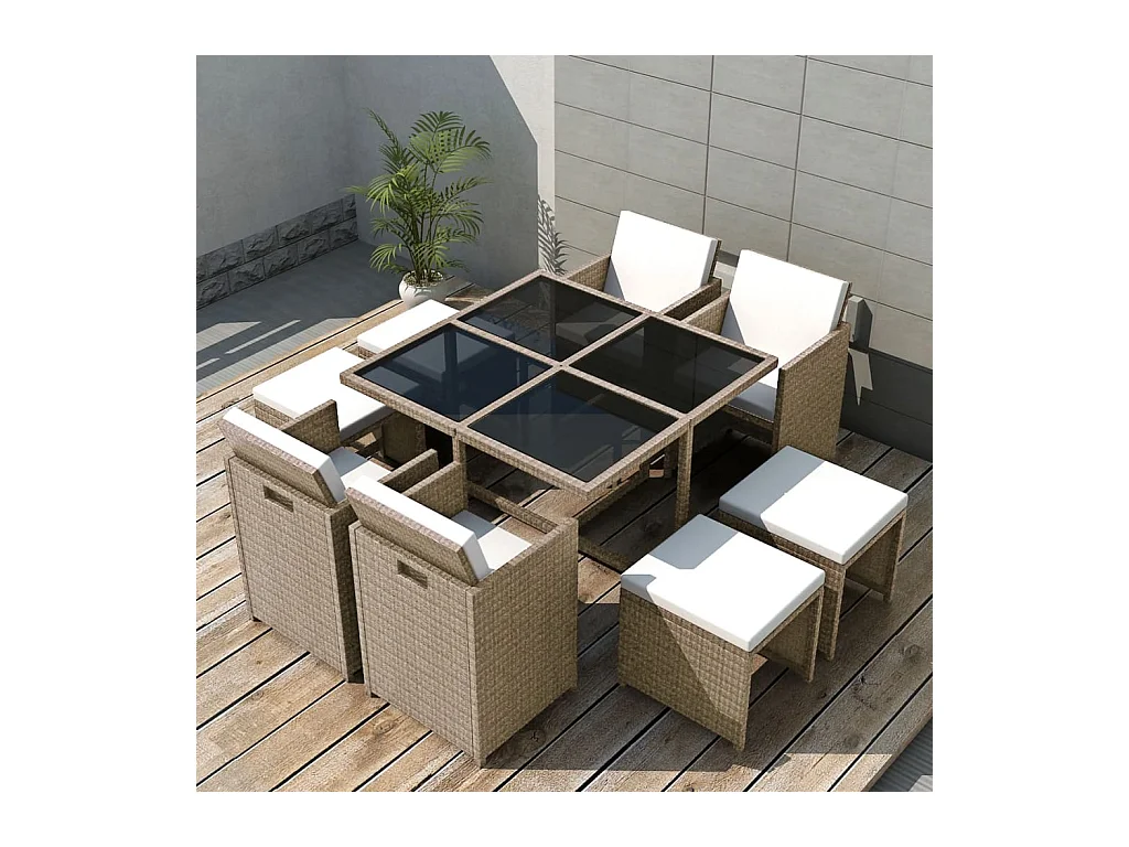 Ensemble à manger d'extérieur et coussins 9 pcs résine tressée