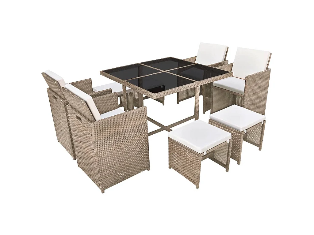9 pcs conjunto jantar exterior com almofadões vime PE bege