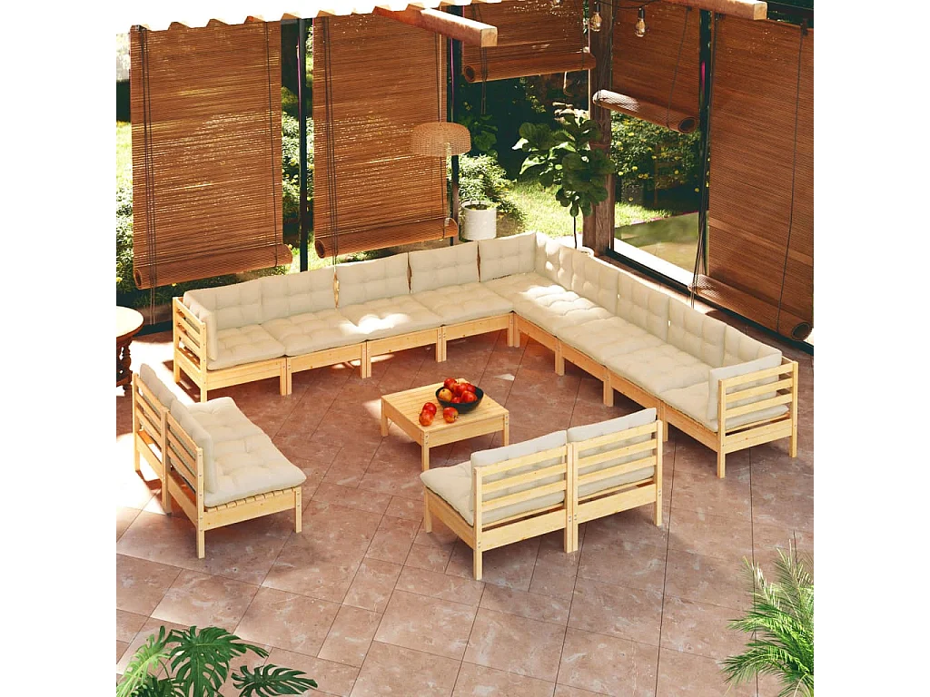 Set Divani da Giardino 14 pz con Cuscini Crema Massello di Pino