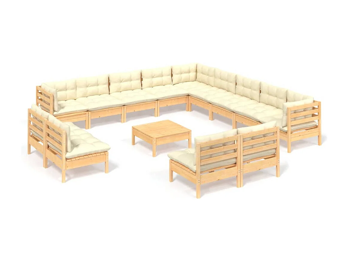 Set Divani da Giardino 14 pz con Cuscini Crema Massello di Pino