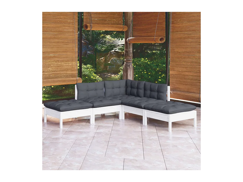 Salon de jardin 5 pcs avec coussins blanc bois de pin