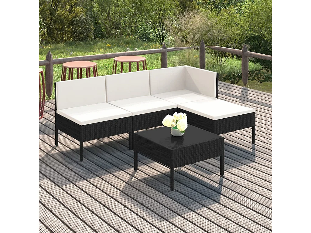 5-delige Loungeset met kussens poly rattan zwart
