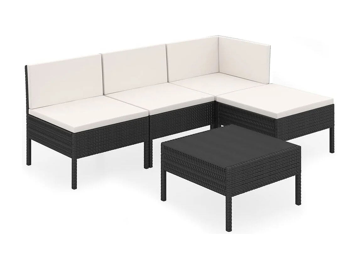 5-delige Loungeset met kussens poly rattan zwart