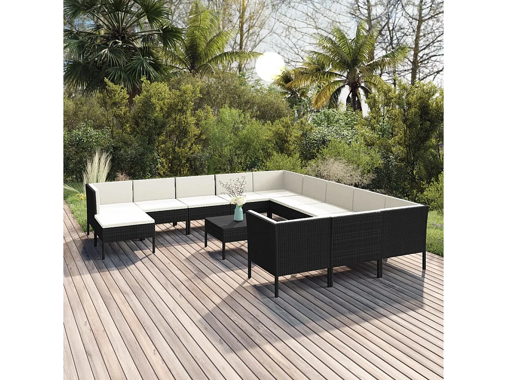 13 pcs conjunto lounge de jardim c/ almofadões vime PE preto