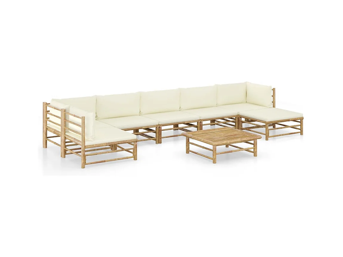 Salon de jardin 8 pcs avec coussins blanc crème bambou