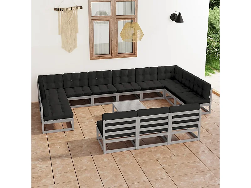 14-tlg. Garten-Lounge-Set mit Kissen Grau Massivholz Kiefer