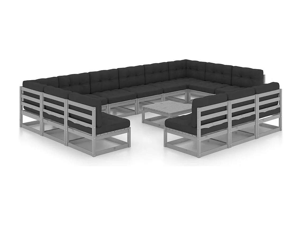14-tlg. Garten-Lounge-Set mit Kissen Grau Massivholz Kiefer