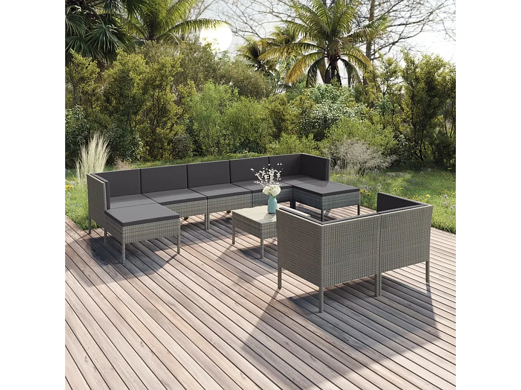 Salon de jardin 10 pcs avec coussins Résine tressée Gris