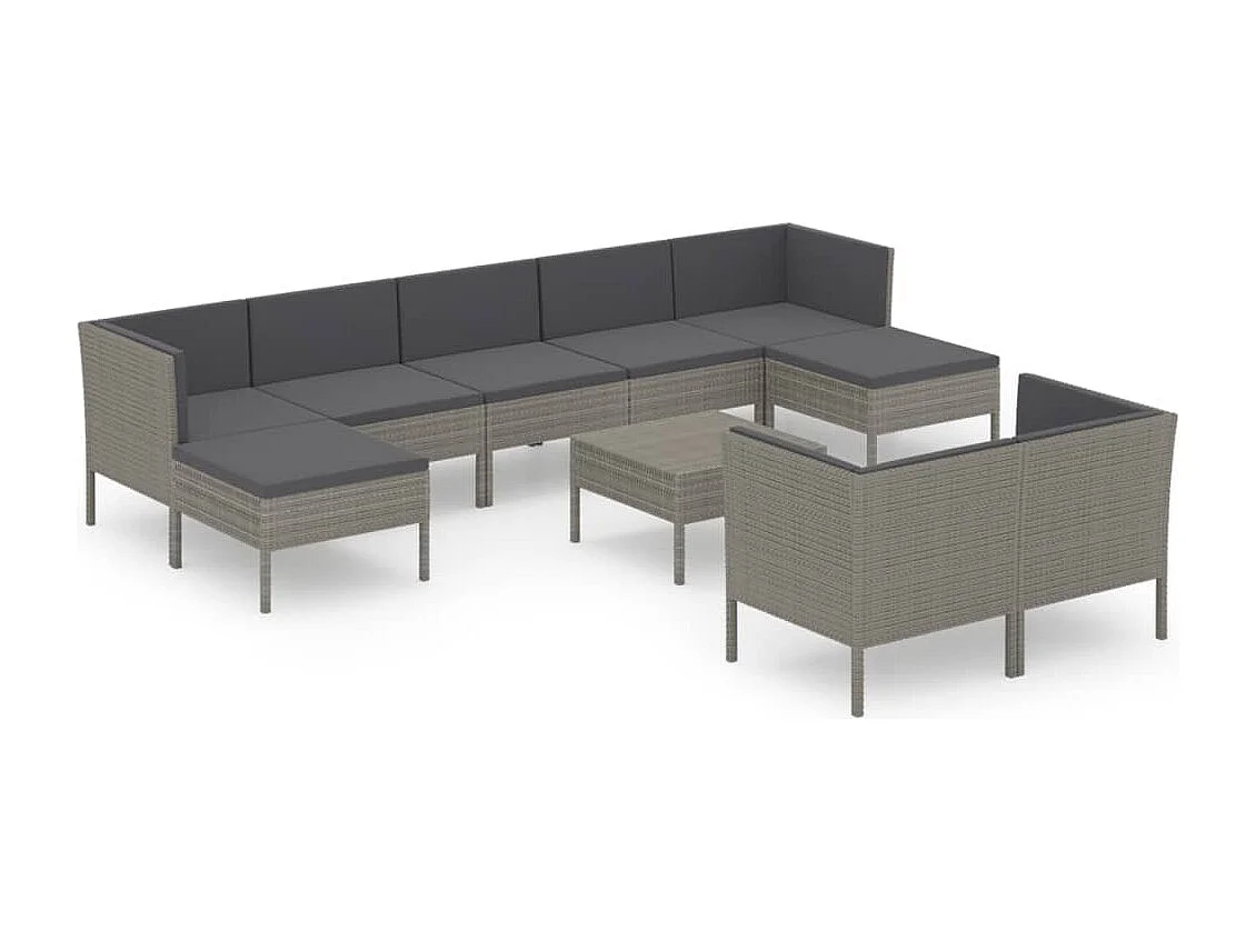 Salon de jardin 10 pcs avec coussins Résine tressée Gris