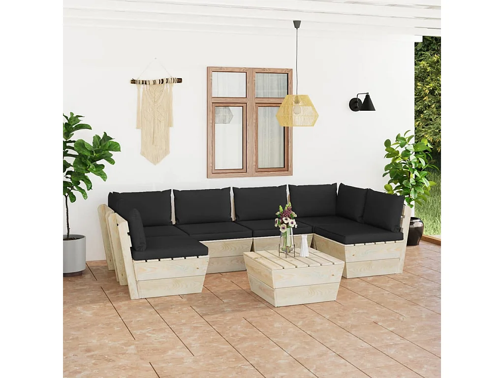Salon de jardin palette 7 pcs avec coussins bois d'épicéa
