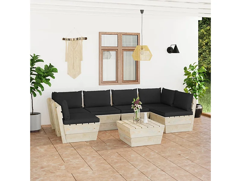 Salon de jardin palette 7 pcs avec coussins bois d'épicéa
