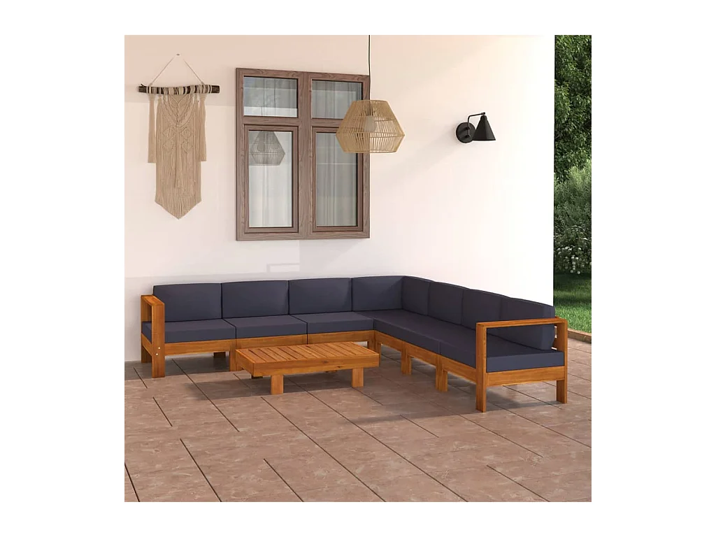 Salon de jardin 8 pcs avec coussins gris foncé Bois d'acacia