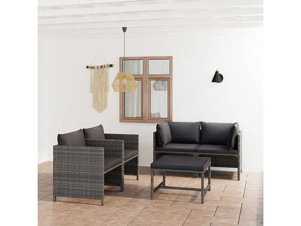 Salon de jardin 5 pcs avec coussins Résine tressée Gris