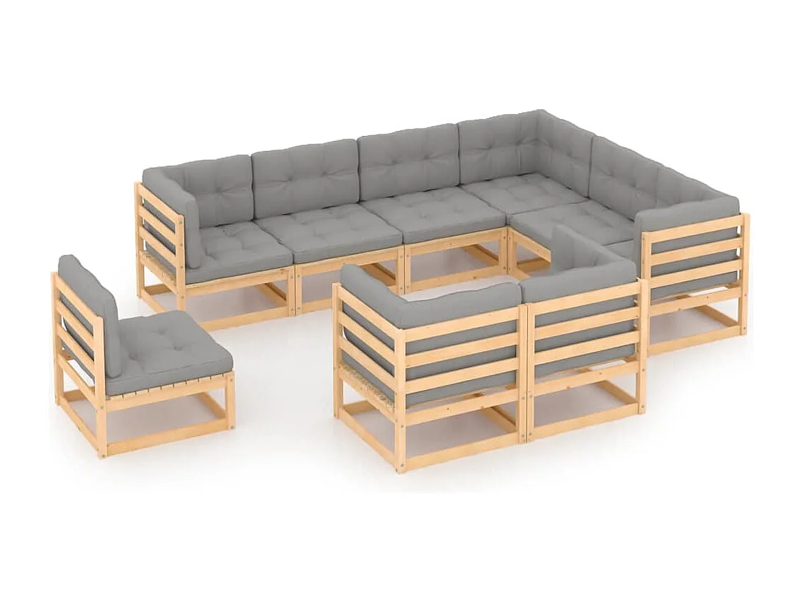 9 pcs conjunto lounge de jardim c/ almofadões pinho maciço