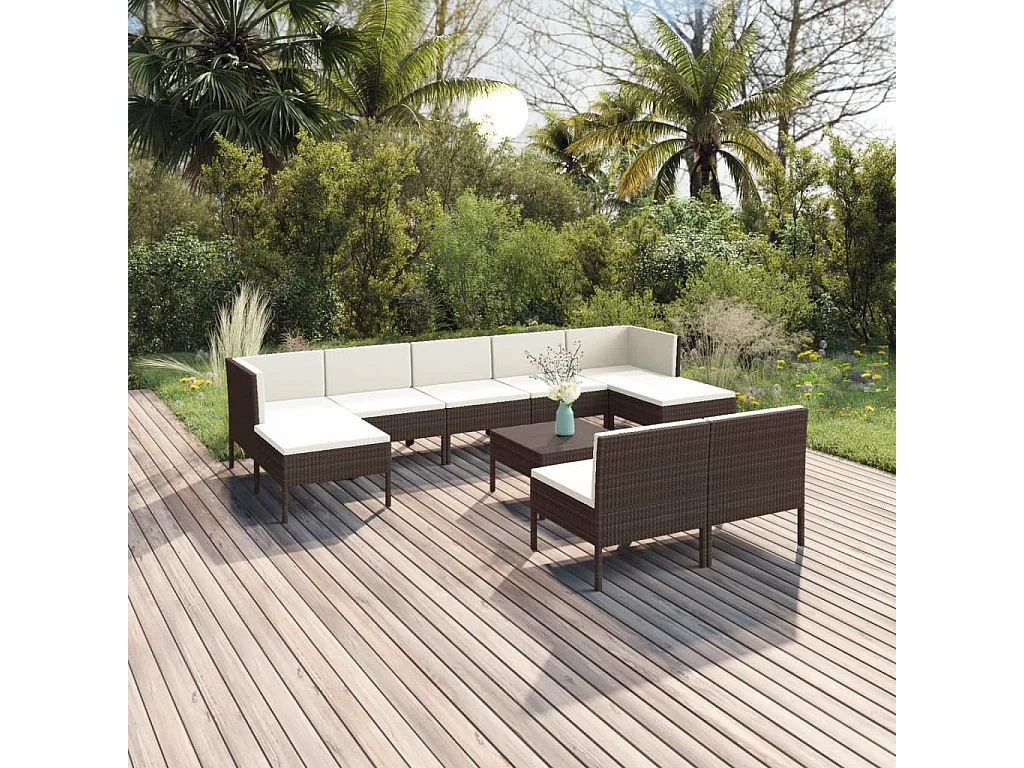 10-tlg. Garten-Lounge-Set mit Auflagen Poly Rattan Braun