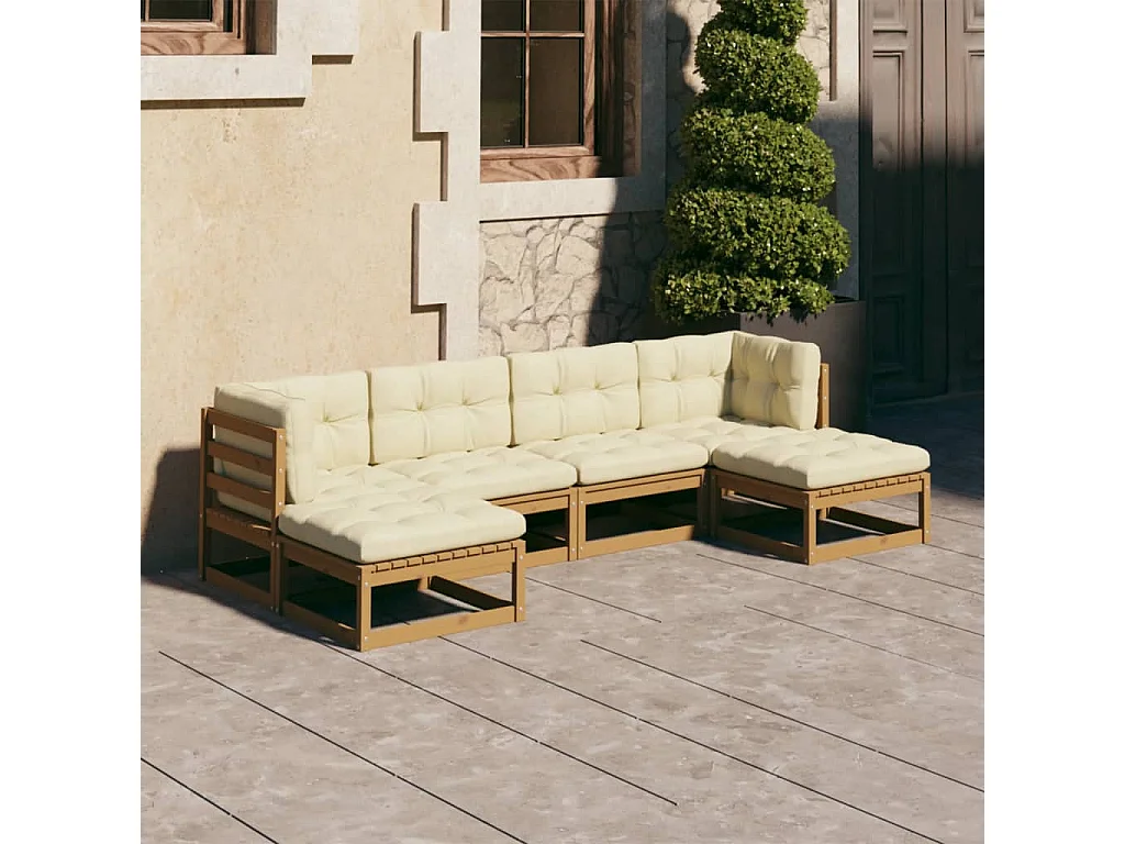 6pcs conj. lounge jardim e almofadões pinho maciço castanho mel