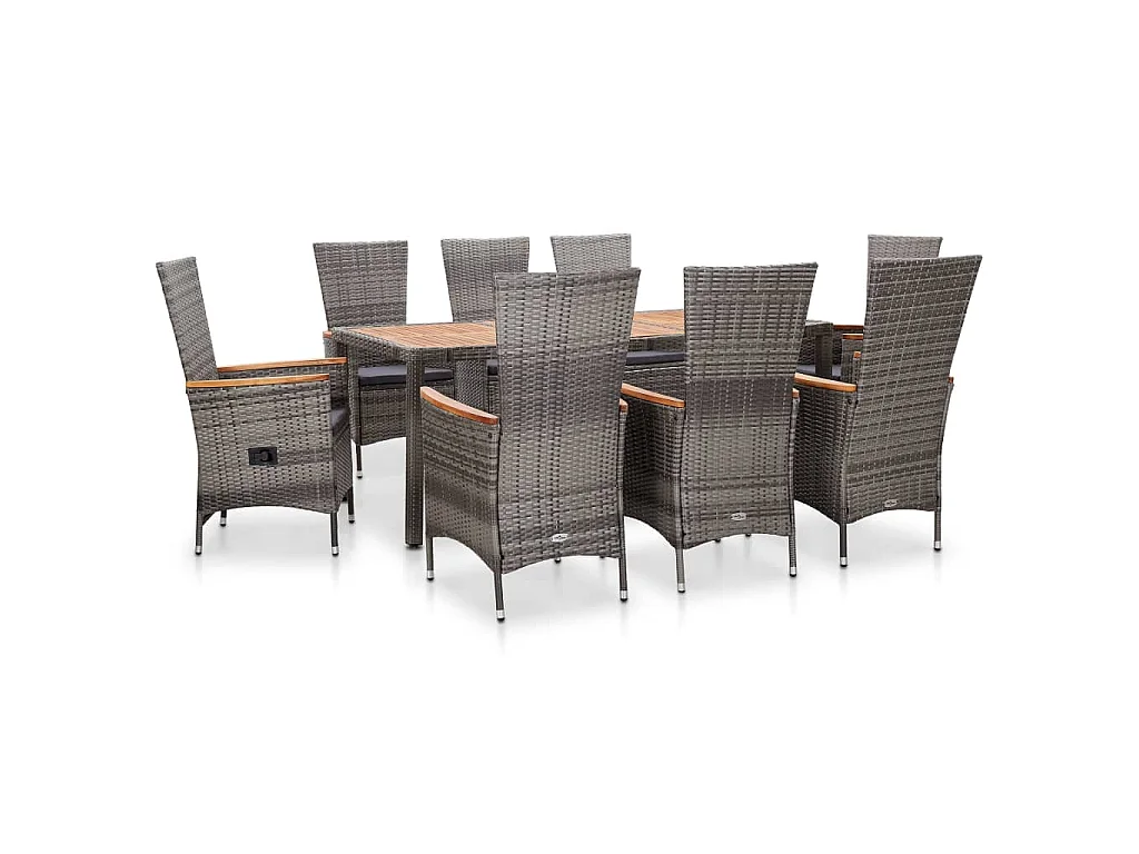 9 pcs conjunto jantar exterior c/ almofadões vime PE cinzento