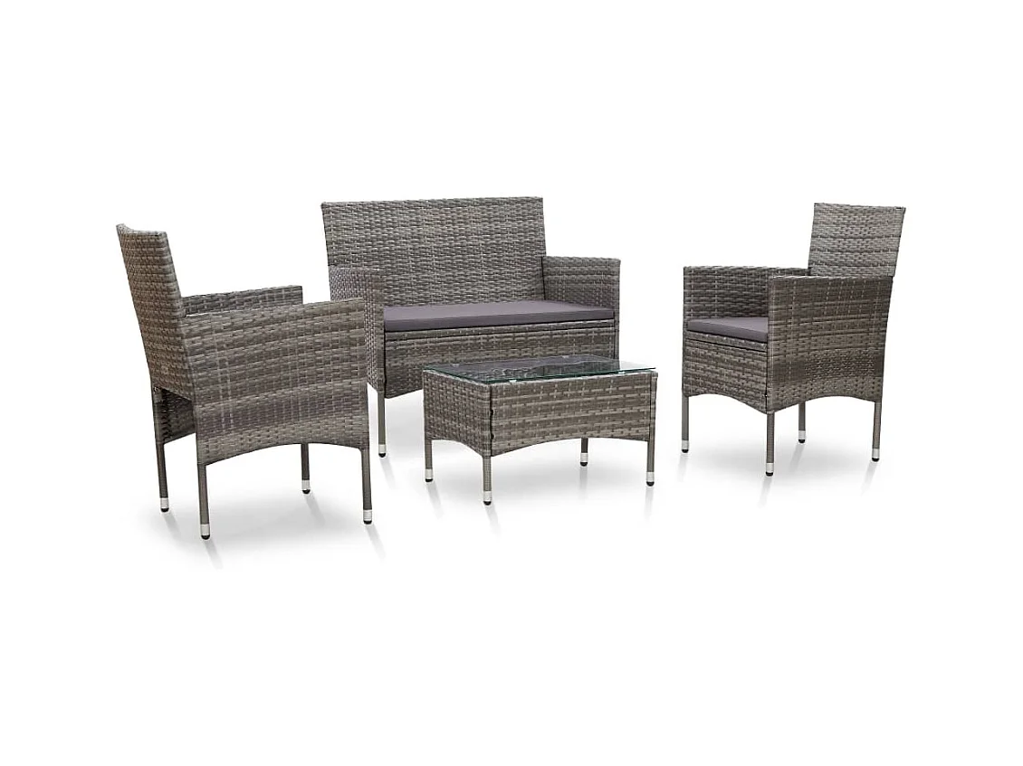 Salon de jardin 4 pcs avec coussins résine tressée gris
