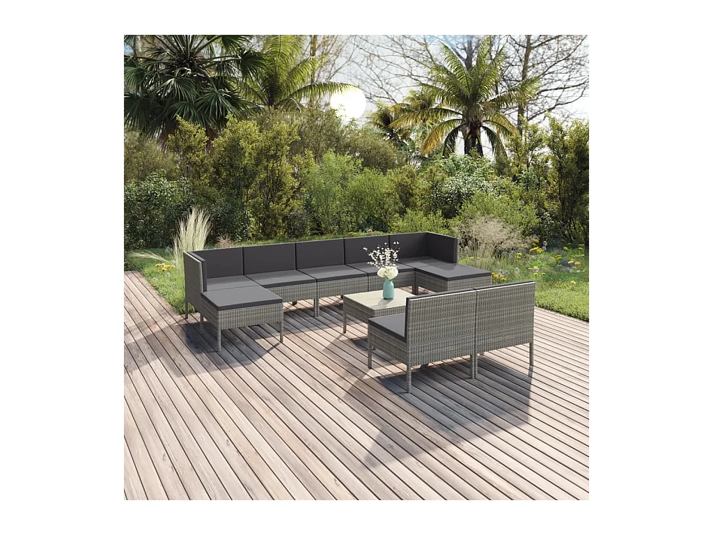10-delige Loungeset met kussens poly rattan grijs