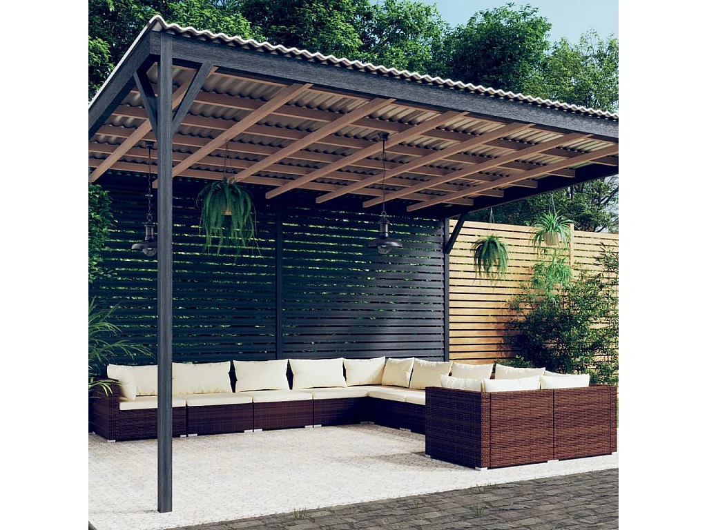Set Divani da Giardino 10 pz con Cuscini in Polyrattan Marrone