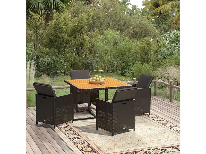 Set da Pranzo da Giardino 5 pz con Cuscini in Polyrattan Nero