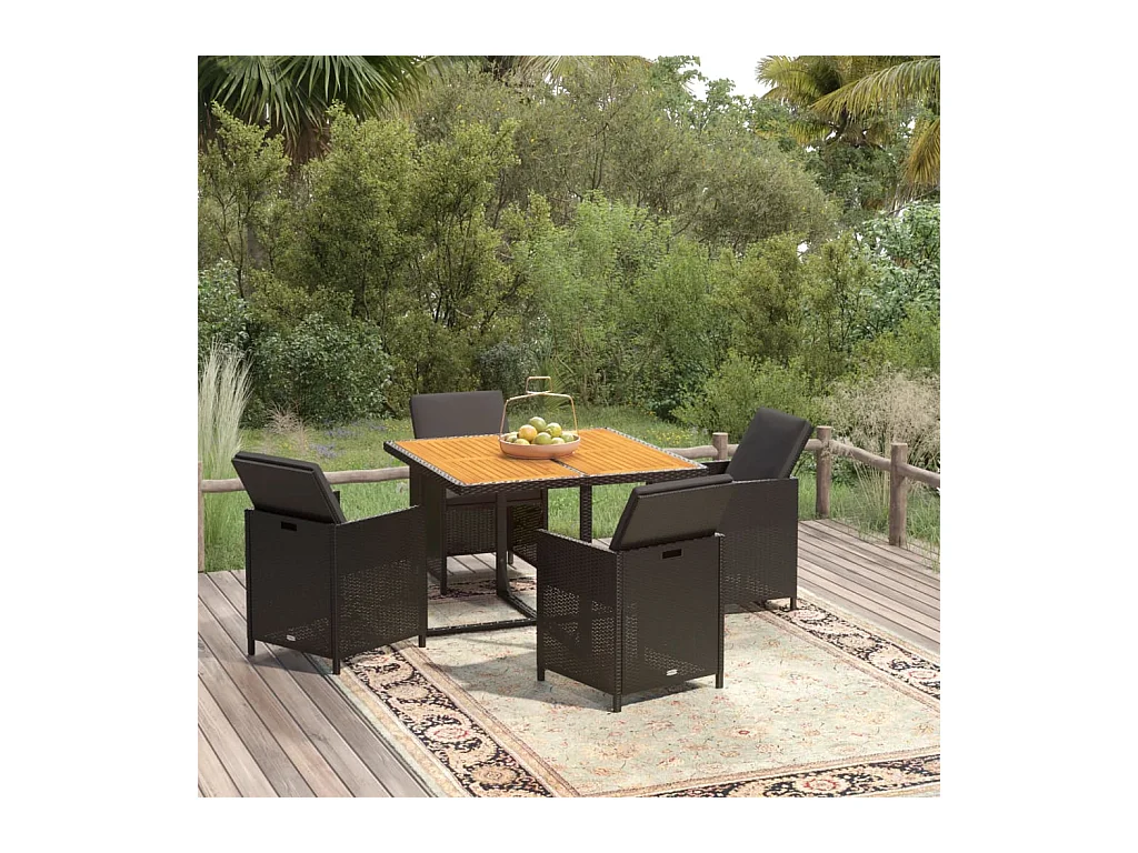 Ensemble à dîner de jardin avec coussins 5 pcs poly rotin noir