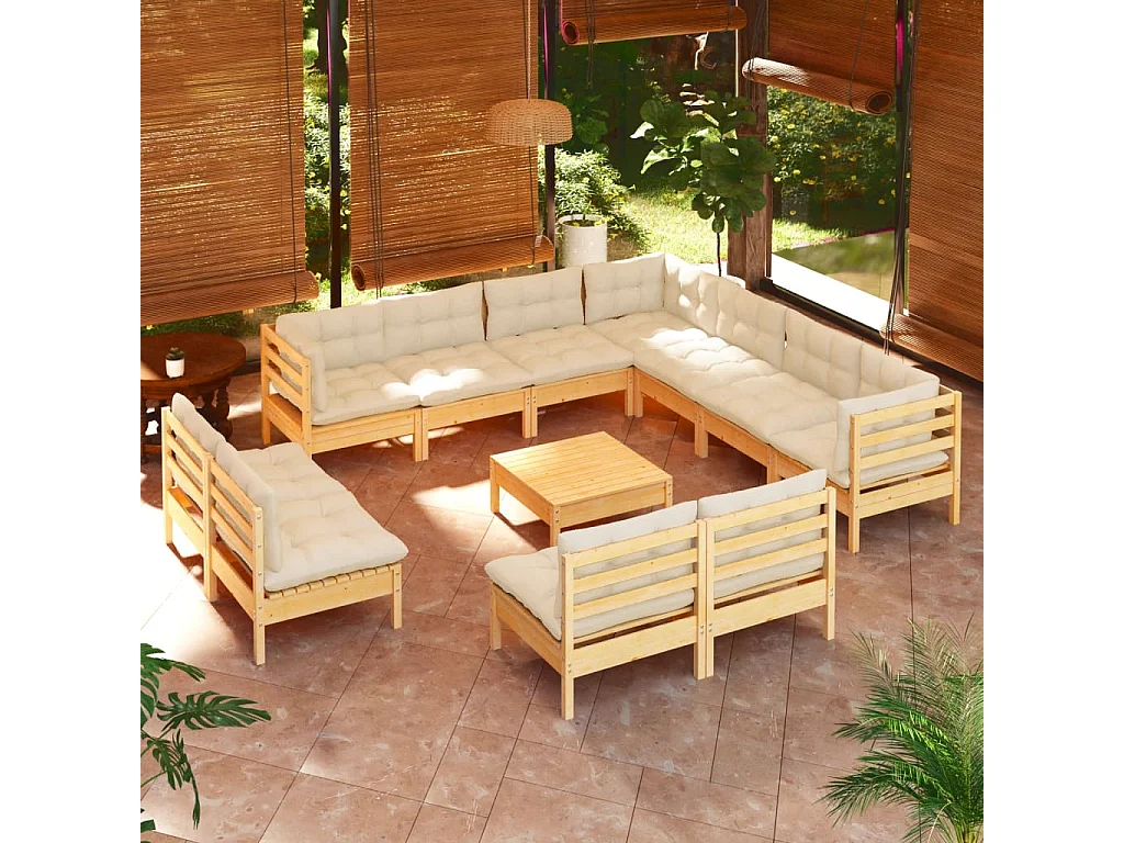 Salon de jardin 12 pcs avec coussins crème Bois de pin massif