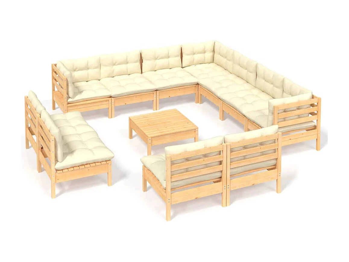 Salon de jardin 12 pcs avec coussins crème Bois de pin massif