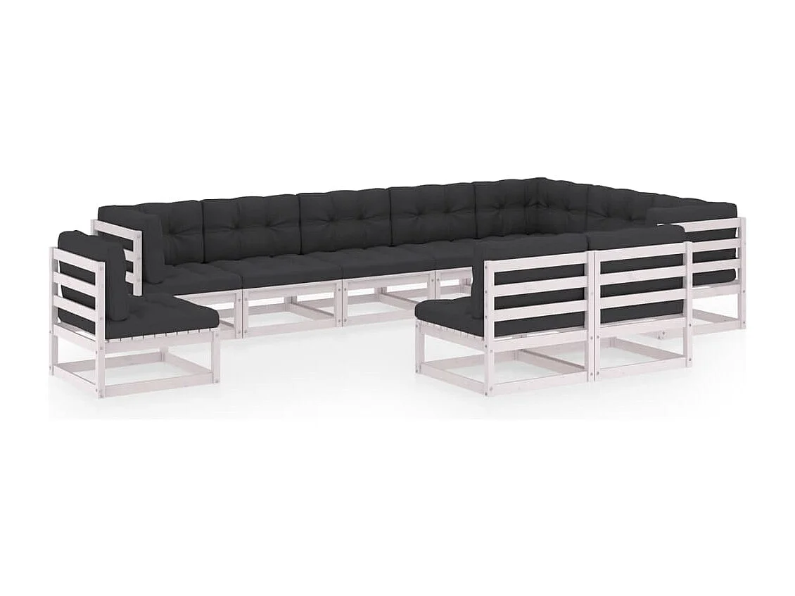 10 pcs conj. lounge de jardim c/ almofadões pinho maciço branco