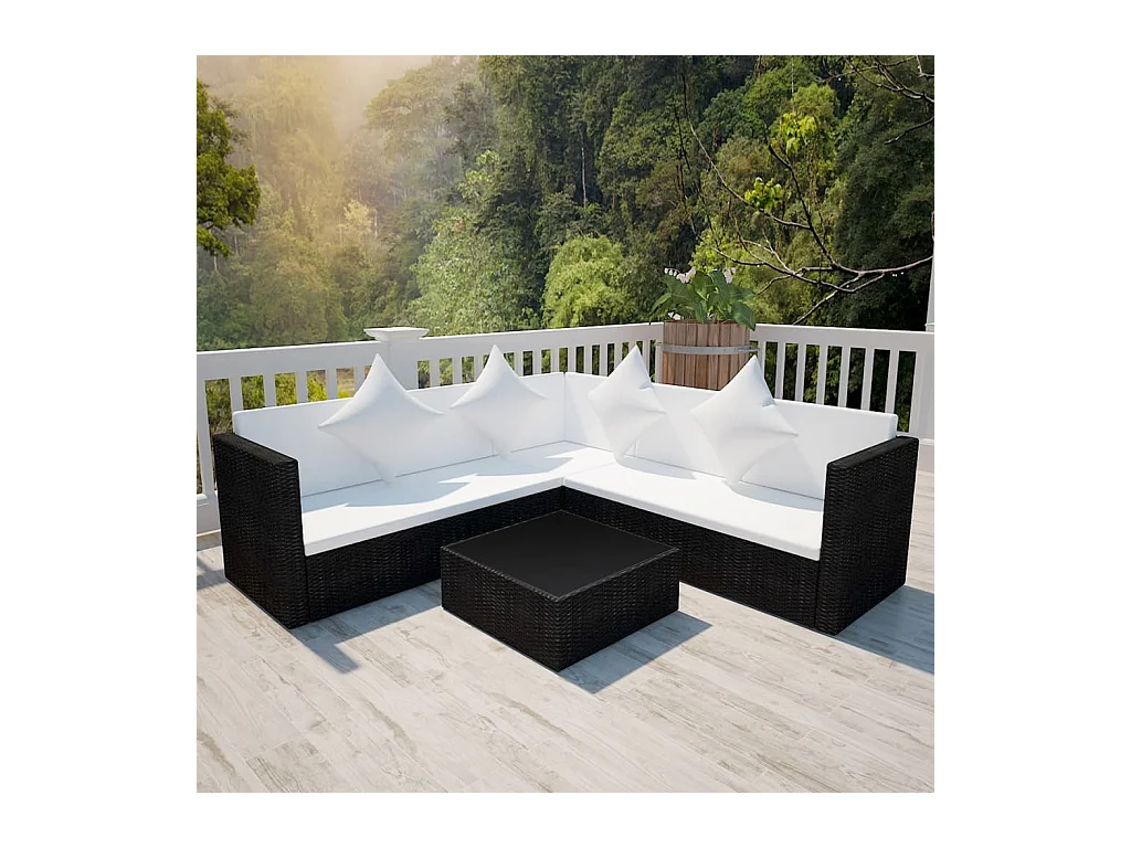 Salon de jardin 4 pcs avec coussins Résine tressée Noir