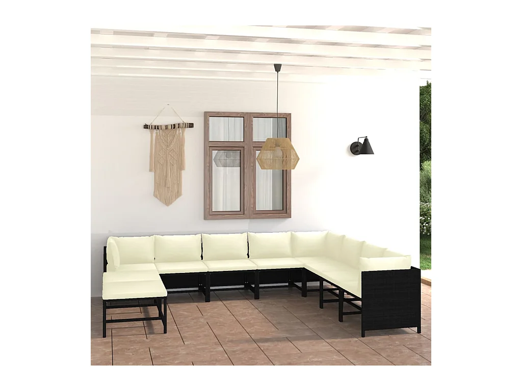 Salon de jardin 11 pcs avec coussins Résine tressée Noir