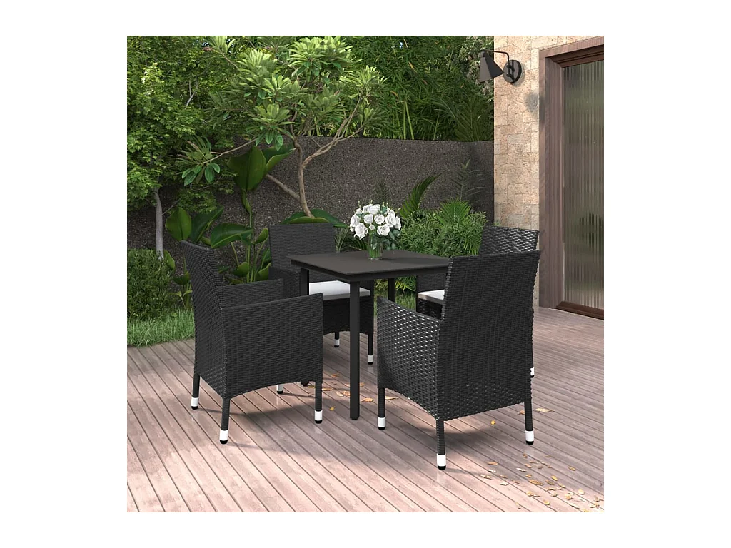 Ensemble à manger de jardin coussins 5 pcs Résine tressée Verre