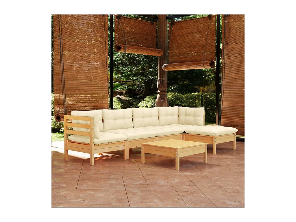 Salon de jardin 6 pcs avec coussins crème bois de pin