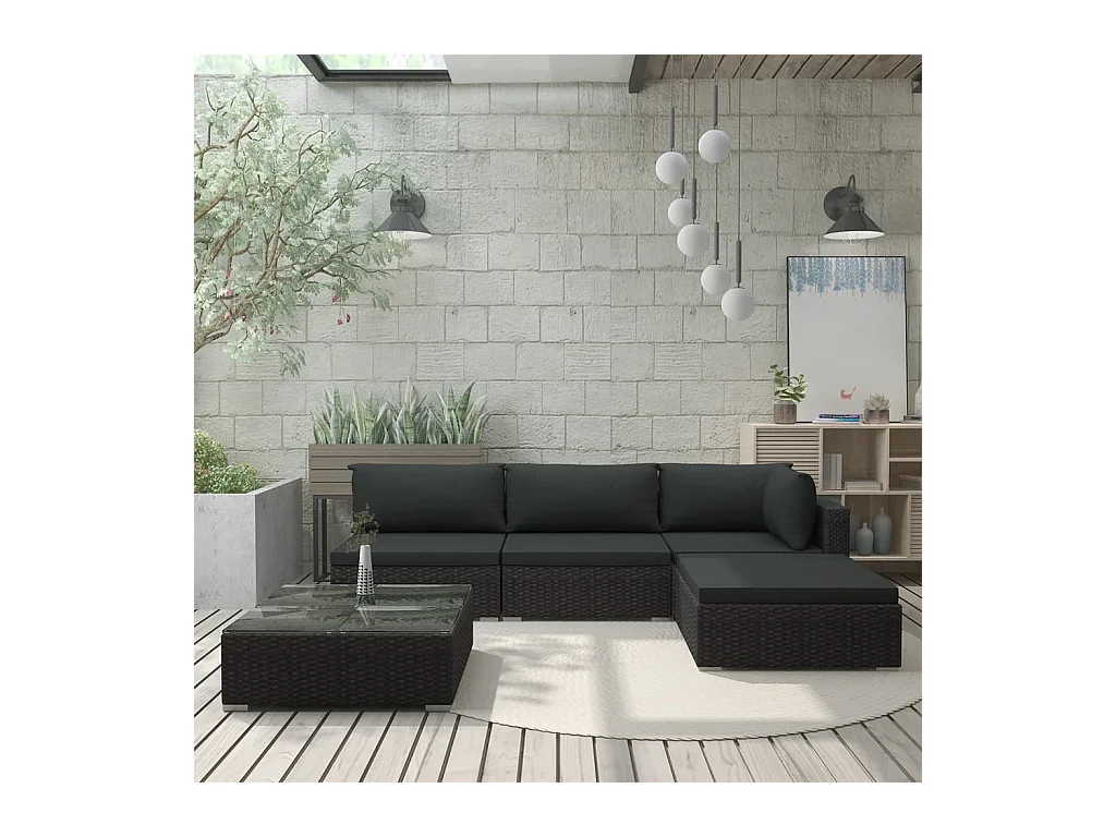 Salon de jardin 5 pcs avec coussins résine tressée noir