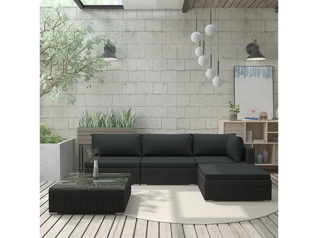 Set Divani da Giardino 5 pz con Cuscini in Polyrattan Nero
