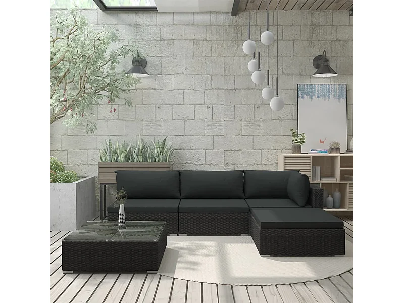 5-delige Loungeset met kussens poly rattan zwart