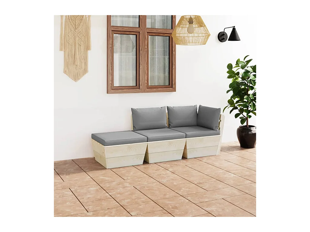 Muebles de jardín de palets 3 pzas y cojines madera de abeto
