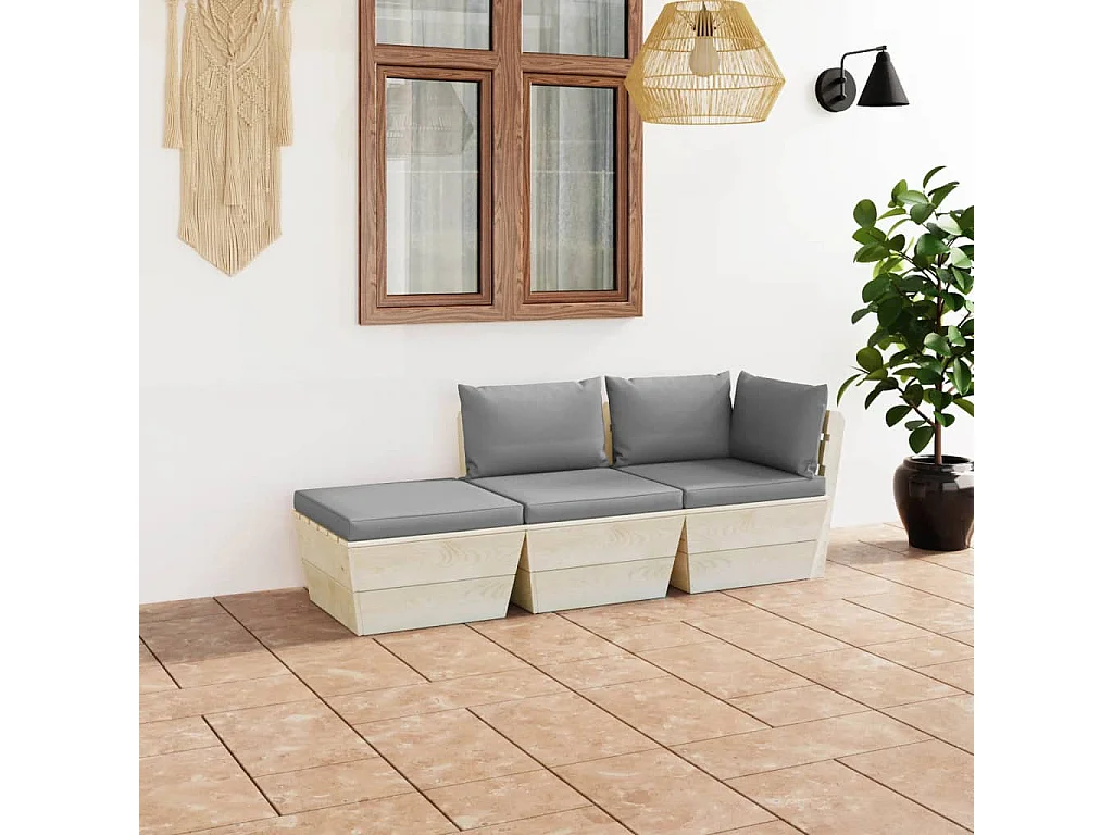 Salon de jardin palette 3 pcs avec coussins bois d'épicéa