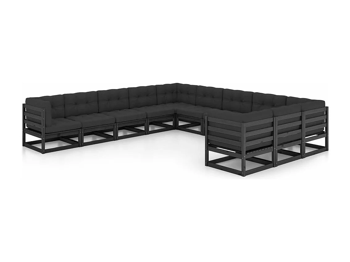 Salon de jardin 11 pcs avec coussins Noir Bois de pin massif