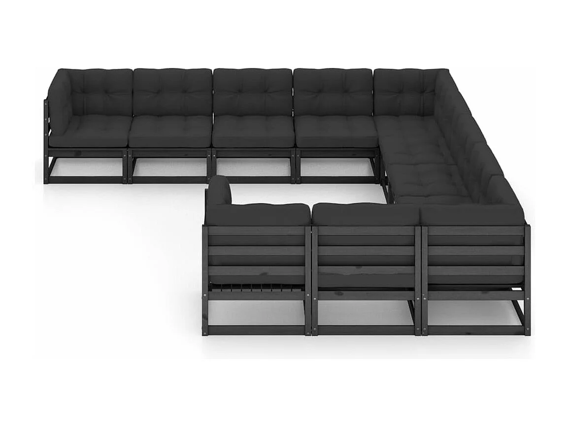 Salon de jardin 11 pcs avec coussins Noir Bois de pin massif