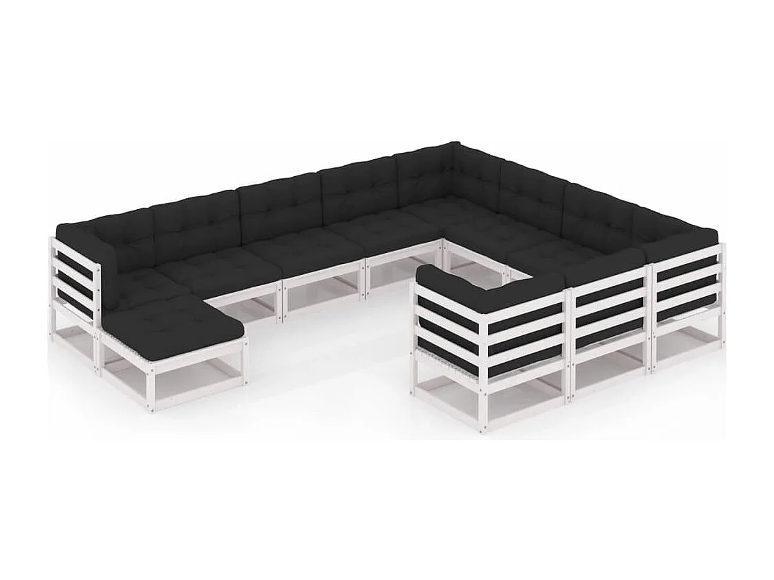 11-tlg. Garten-Lounge-Set mit Kissen Weiß Kiefer Massivholz