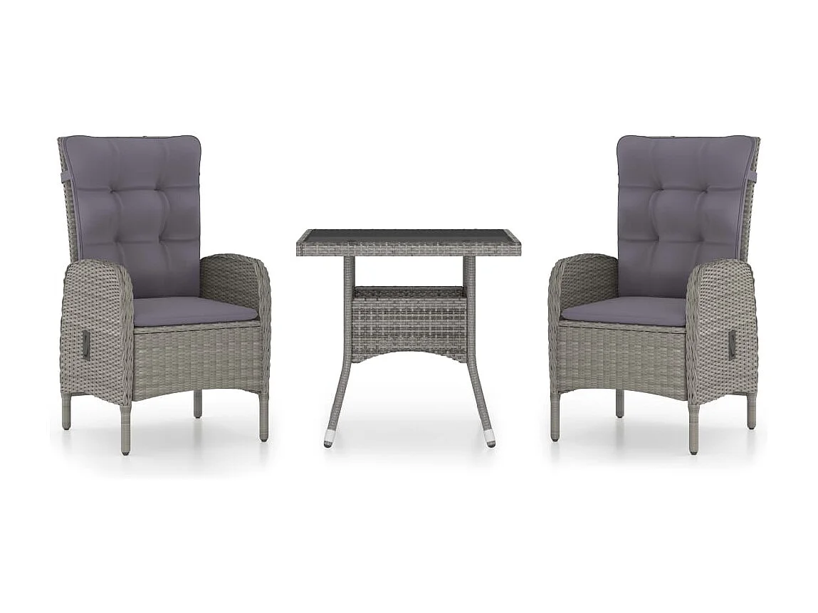 3-tlg. Garten-Essgruppe Poly Rattan und Glas Grau