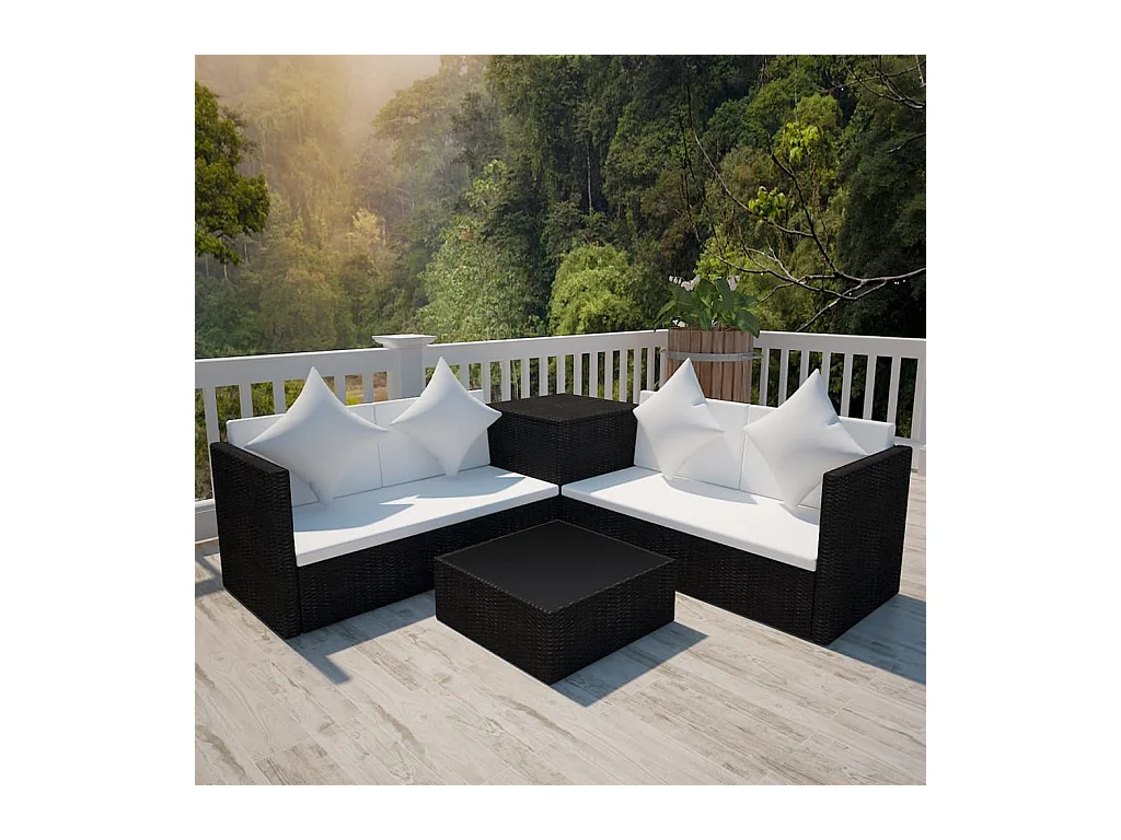 4-delige Loungeset met kussens poly rattan zwart