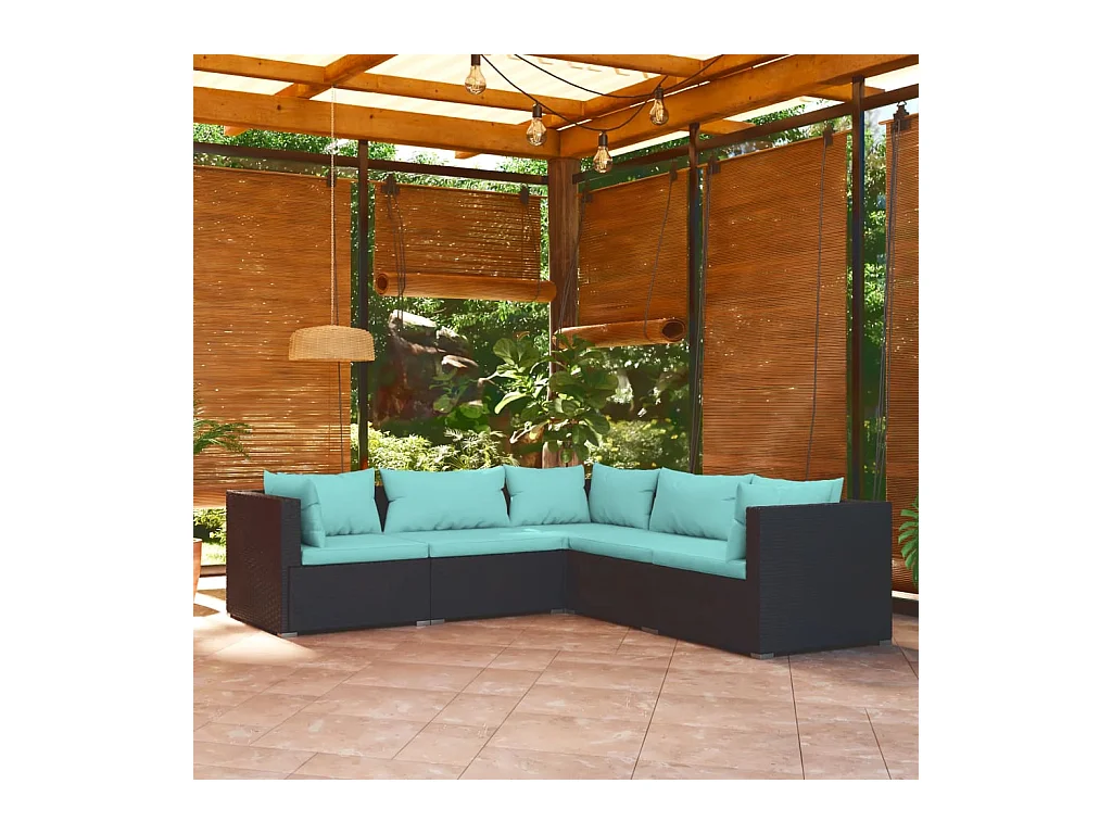 5-delige Loungeset met kussens poly rattan zwart