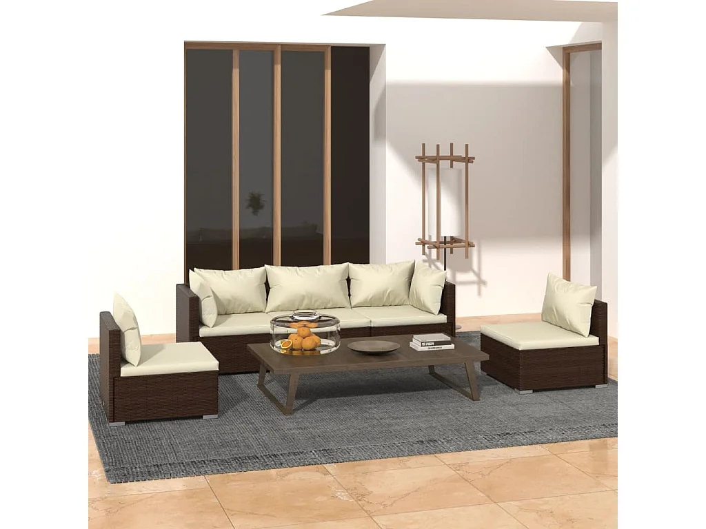 Salon de jardin 5 pcs avec coussins Résine tressée Marron