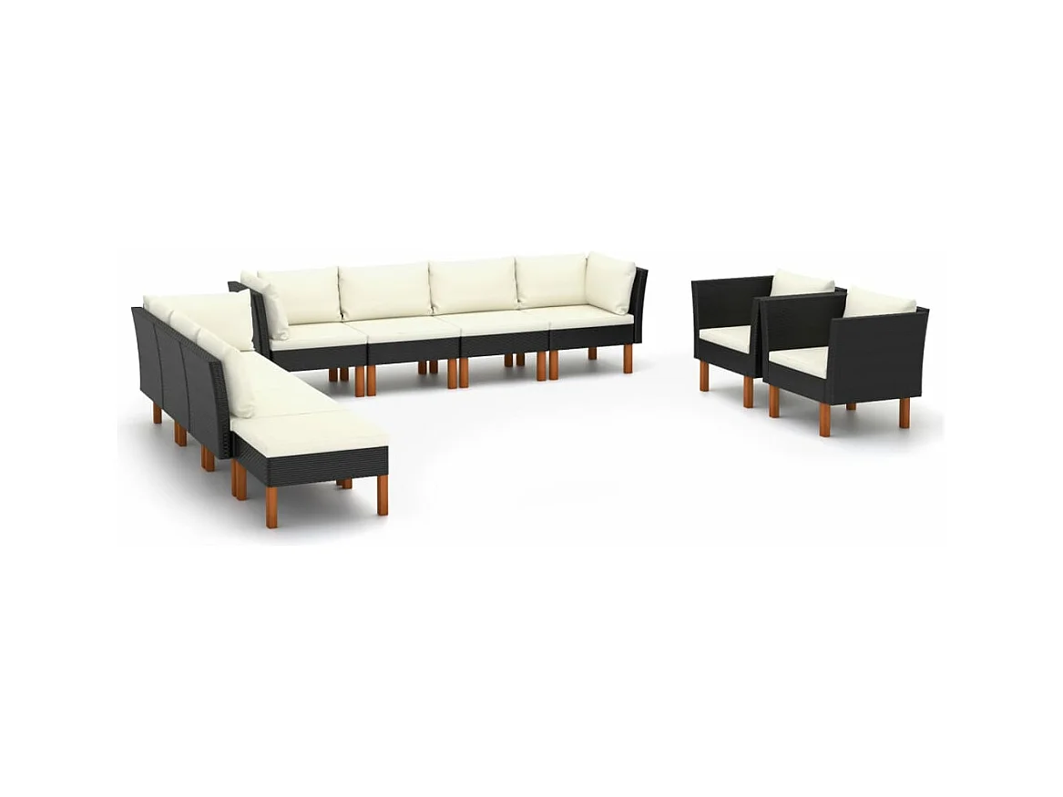 Salon de jardin 10 pcs Résine tressée et bois d'eucalyptus Noir