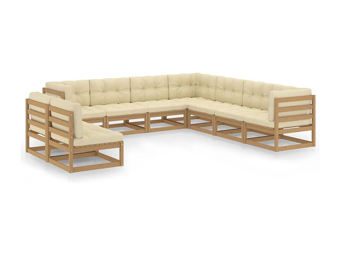 Salon de jardin 9 pcs avec coussins Marron miel Bois de pin