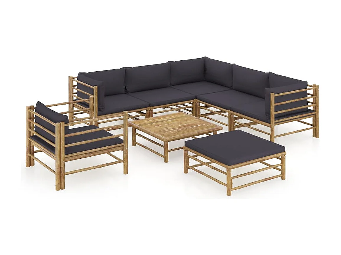 Set Salotto da Giardino 8pz con Cuscini Grigio Scuro Bambù