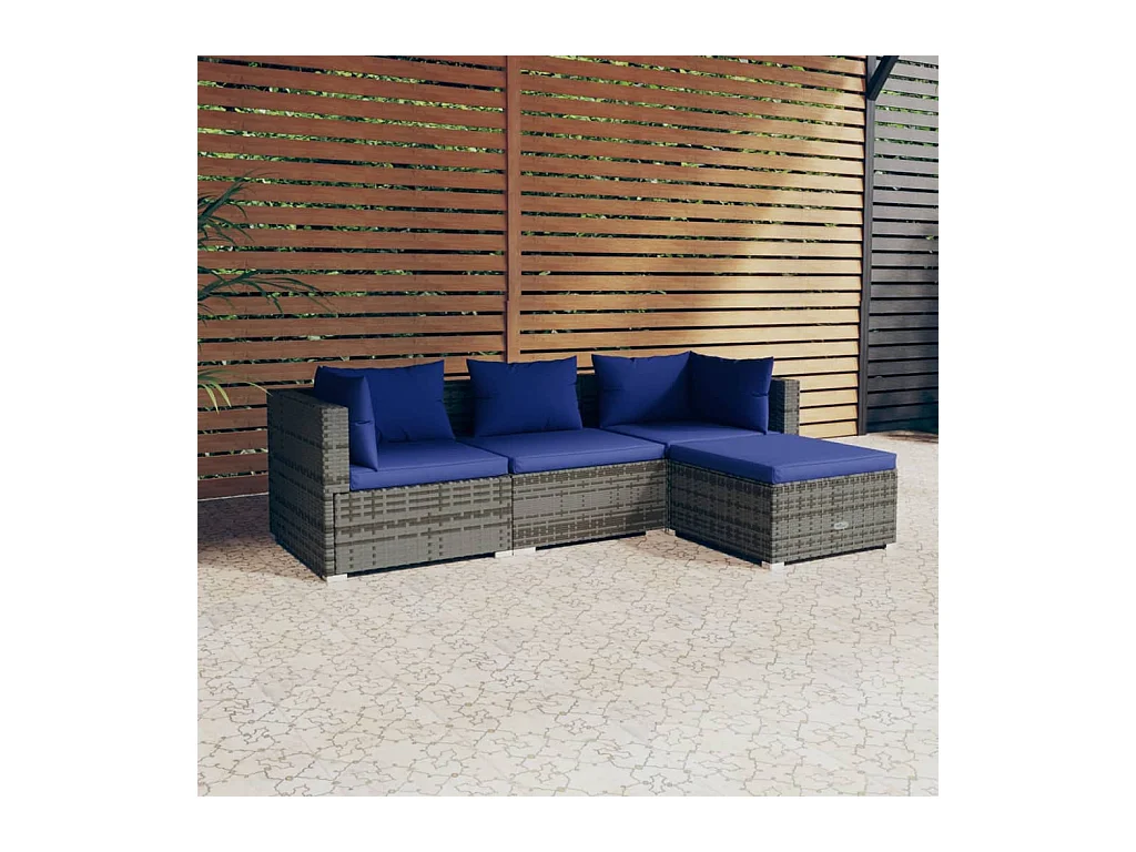 Salon de jardin 4 pcs avec coussins résine tressée gris